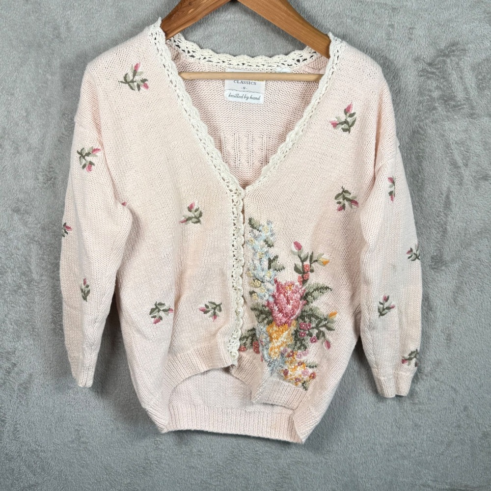 Marisa Christina Cardigan Small Pink Floral Hand Knit Lace Trim V-Neck Grandma